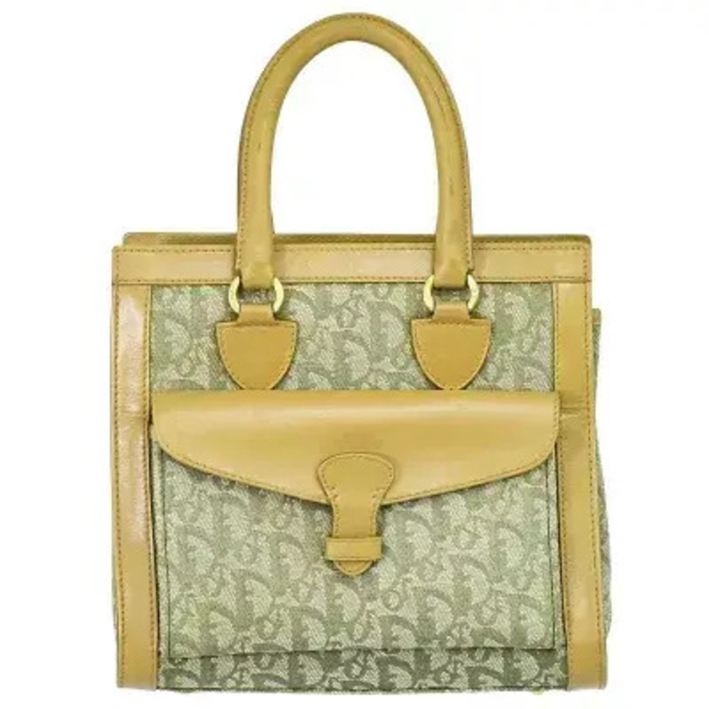 Christian Dior Trotter Handbag Canvas Leather Khaki Green Beige